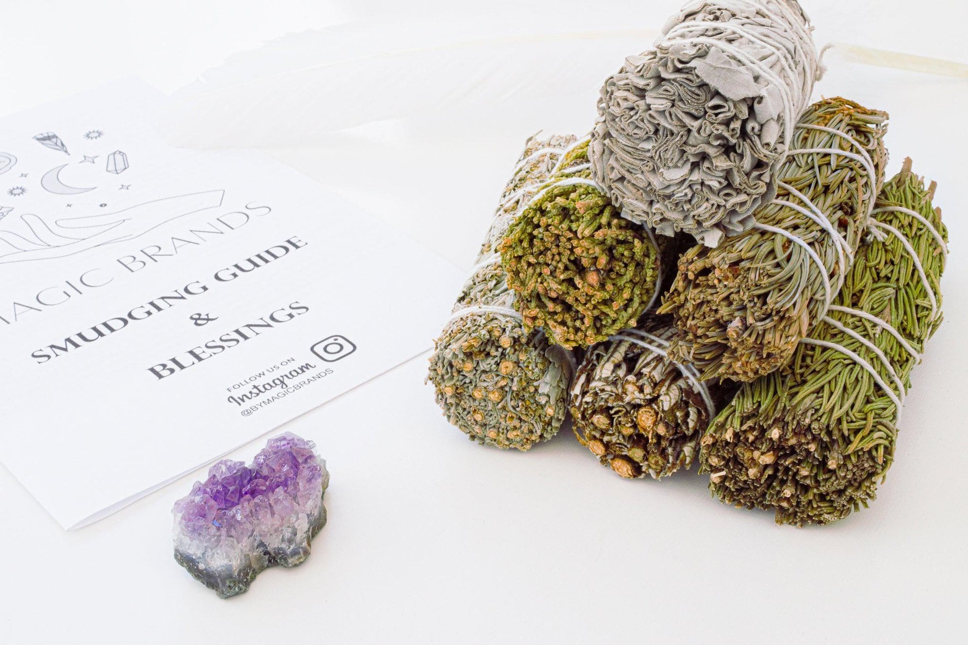 White Sage Smudge Kit, Amethyst Cluster, Palo Santo, Smudging Feather, Blue Sage, Cedar, Juniper, Rosemary, Yerba Santa, Home Detox Cleanse