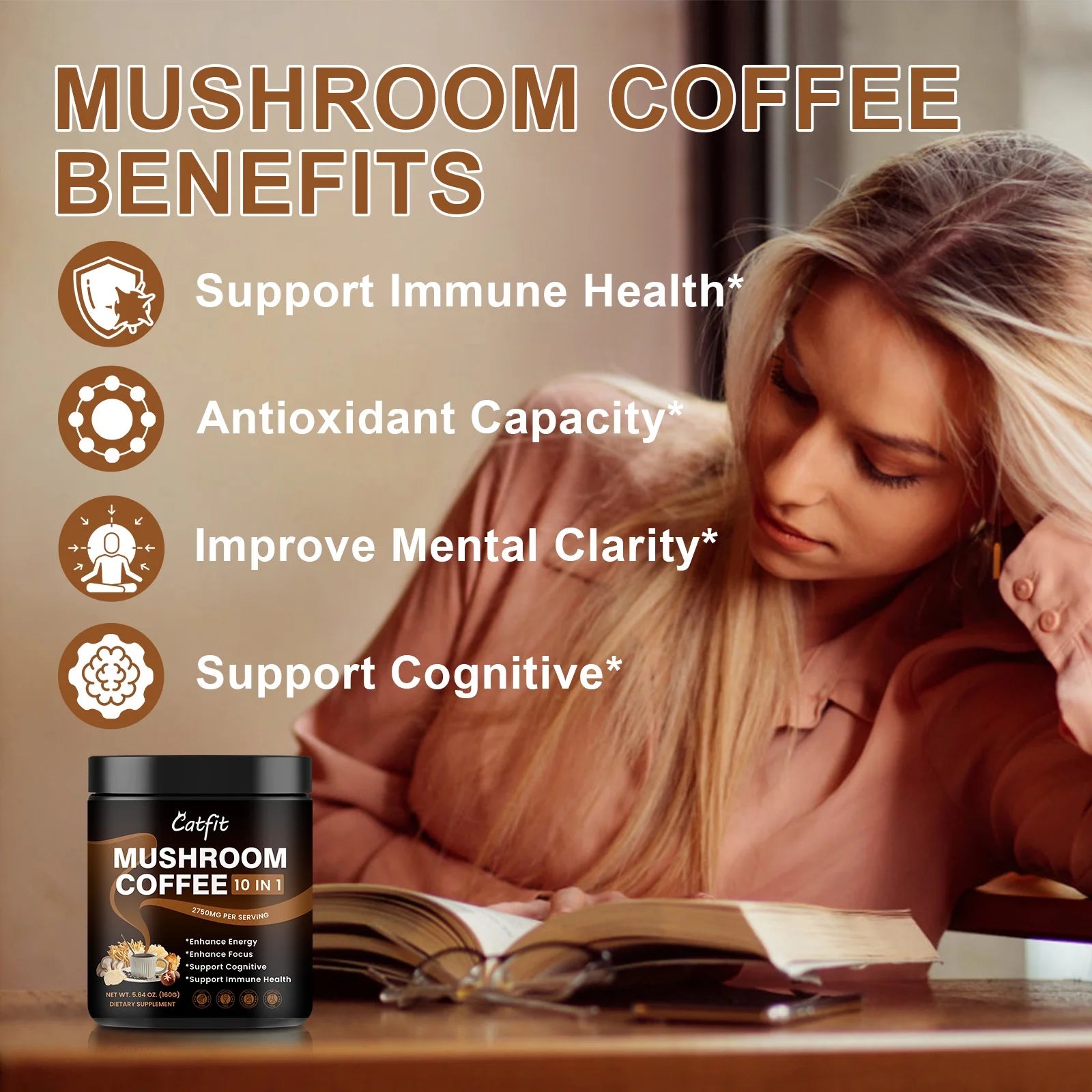 Mushroom Coffee Powder 2750 Mg, 10-In-1 Mushroom Supplement with Lions Mane & Chaga 5.64 Oz, by