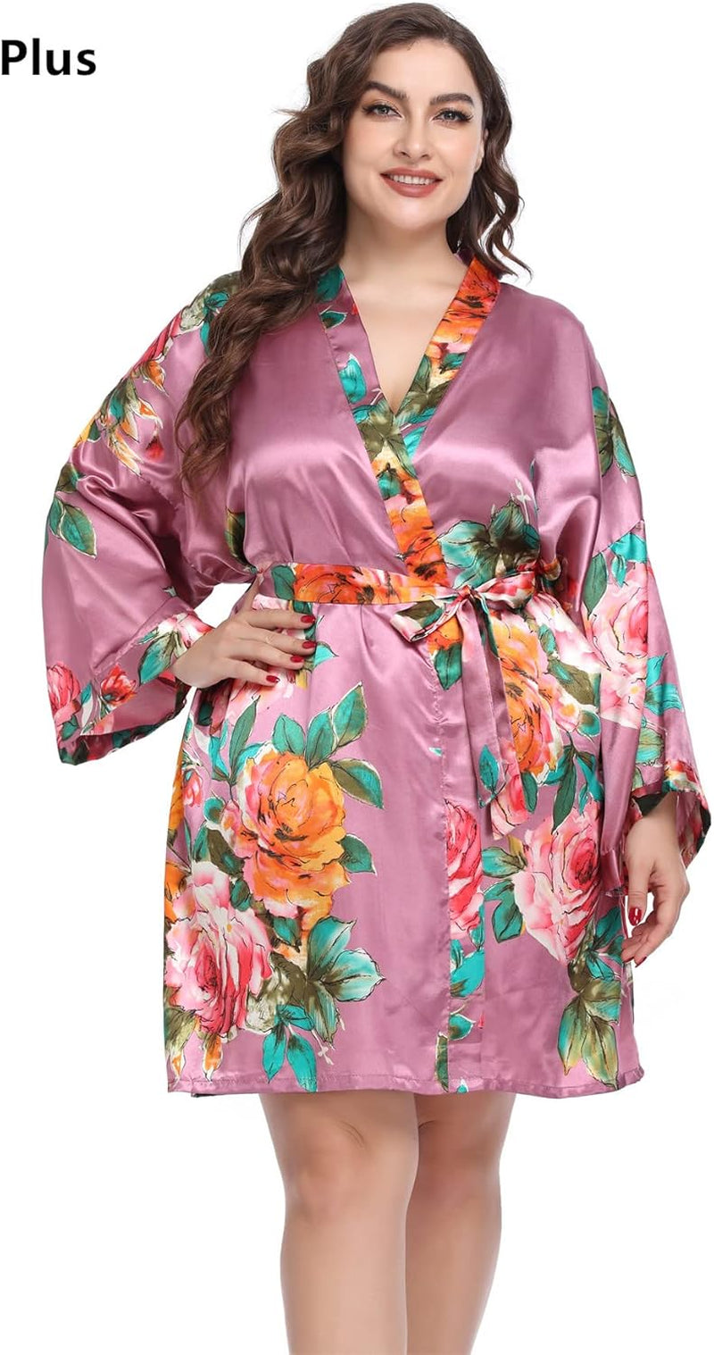 Women'S Floral Satin Kimono Robes Short Silky Bridesmaid Robes Sleepwear