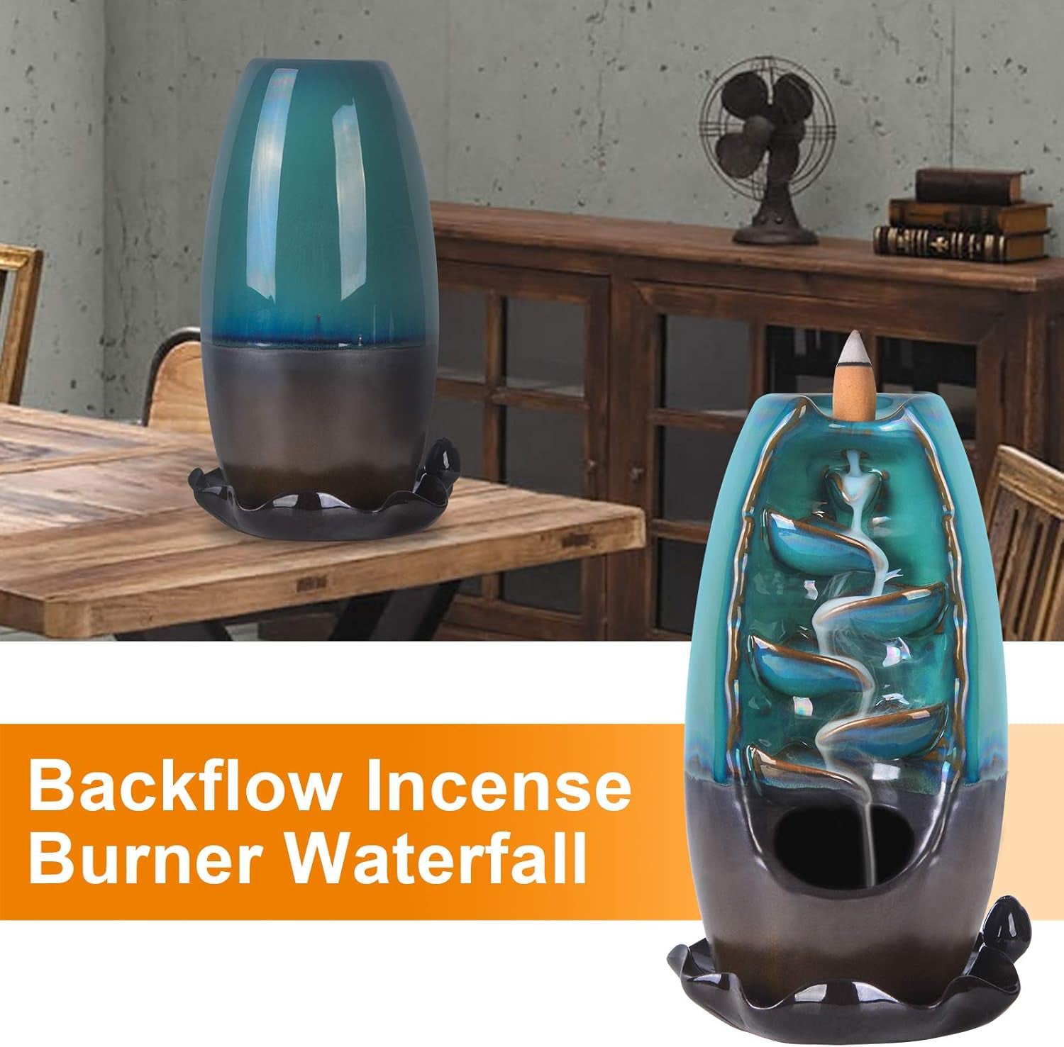 Incense Burner Waterfall Backflow Incense Holder Incense Fountain with 120 Incense Cones & 30 Incense Sticks for Home Office Yoga Aromatcherapy Ornamen