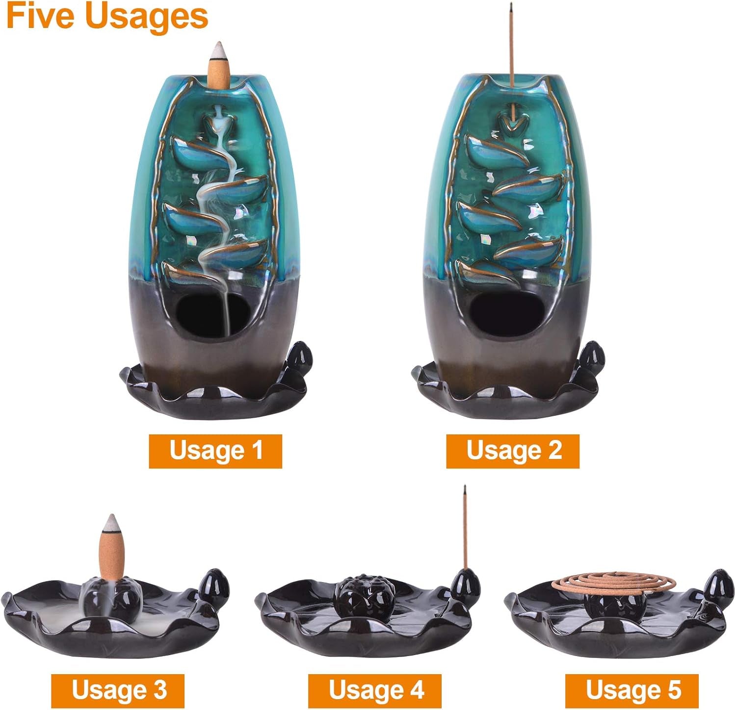 Incense Burner Waterfall Backflow Incense Holder Incense Fountain with 120 Incense Cones & 30 Incense Sticks for Home Office Yoga Aromatcherapy Ornamen