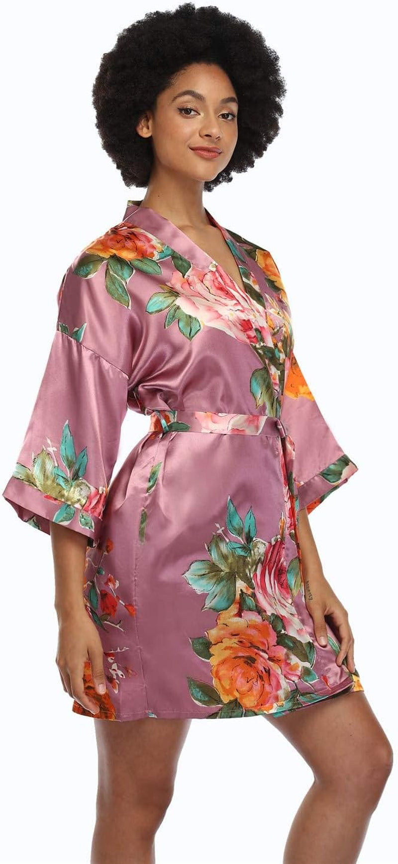 Women'S Floral Satin Kimono Robes Short Silky Bridesmaid Robes Sleepwear