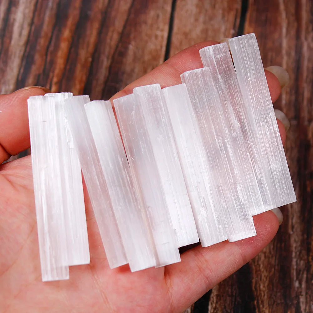 Runyangshi 10Pcs Natural Selenite Crystal Stick Chips Gypsum White Quartz Rough Minerals Specimen Point Healing Stone