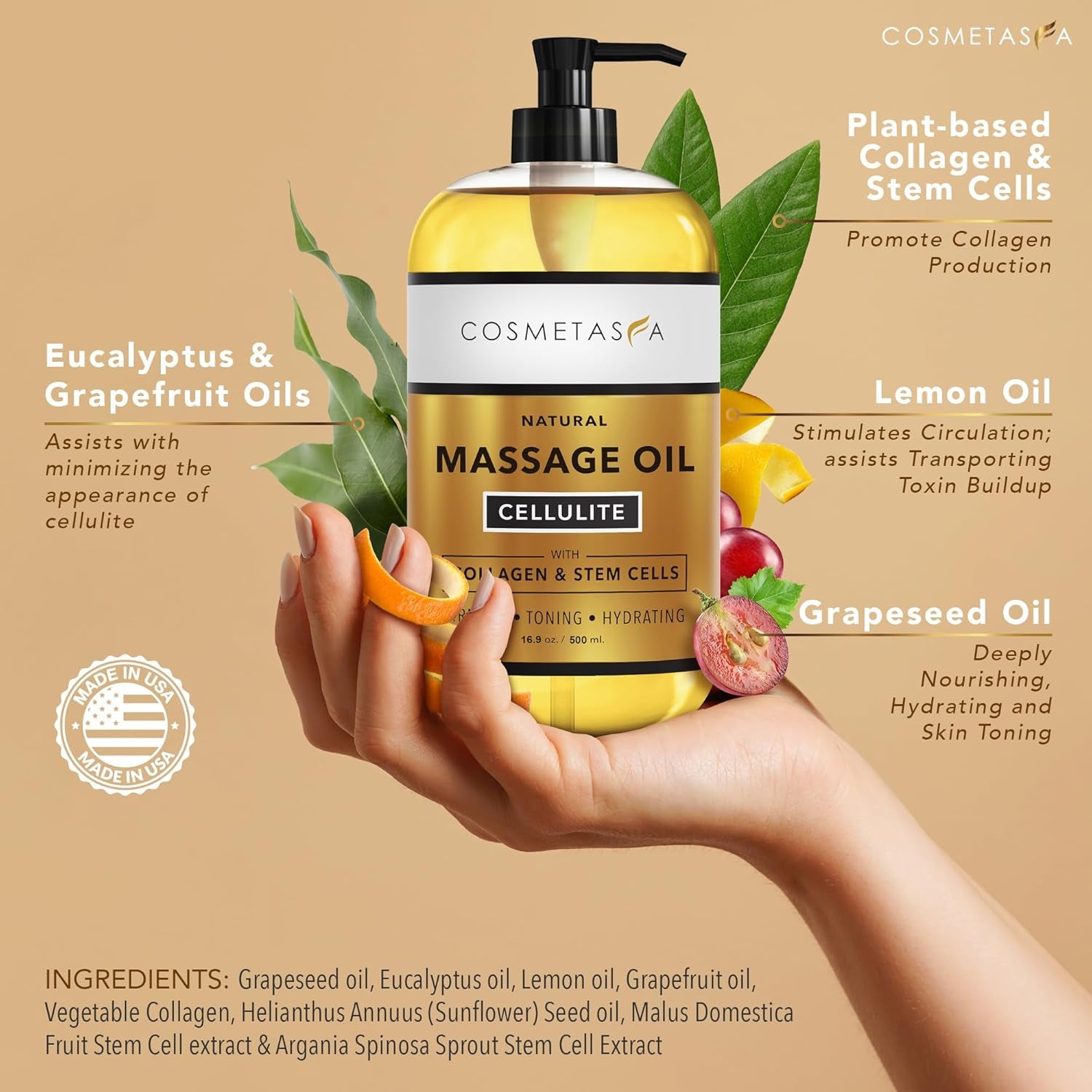 Large Cellulite Massage Oil with Collagen & Stem Cells- 100% Natural Cellulite Oil, Highly Absorbable, Deeply Penetrates the Skin- Firms, Tones, Tightens & Moisturizes Skin by  (16.9 Oz)