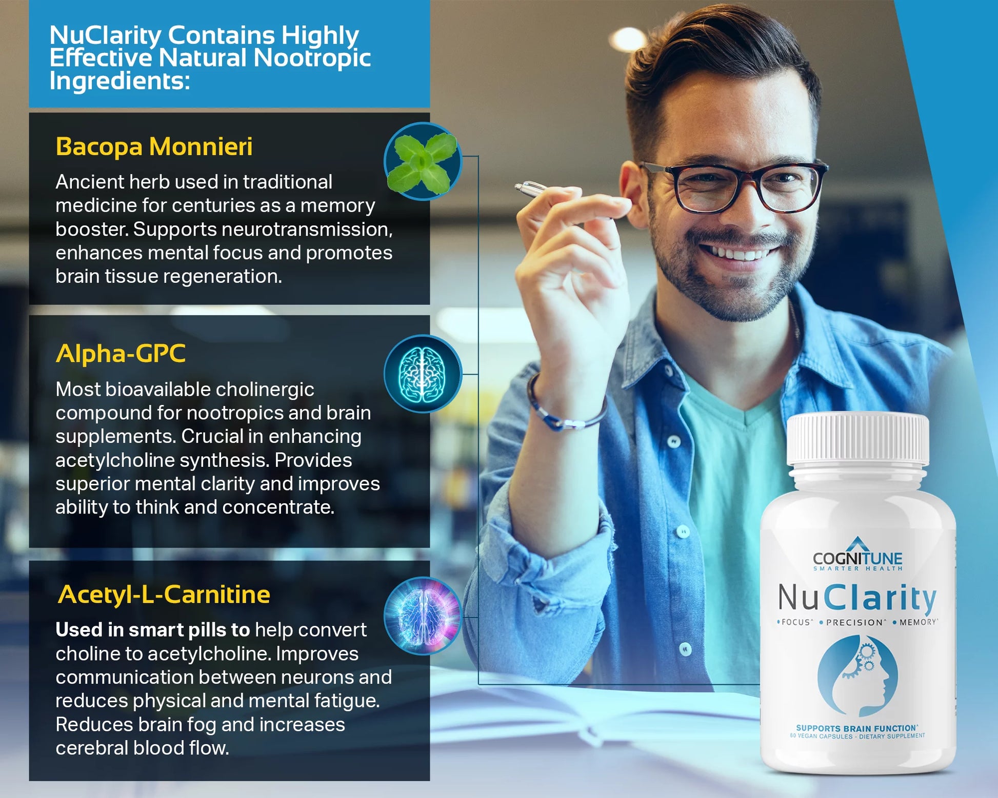 Nuclarity Nootropic Brain Supplements for Memory and Focus, Mental Clarity with Ginkgo Biloba, Phosphatidylserine, Alpha Gpc, Bacopa, Rhodiola, Huperzine A, Dietary Supplements - 60 Capsules