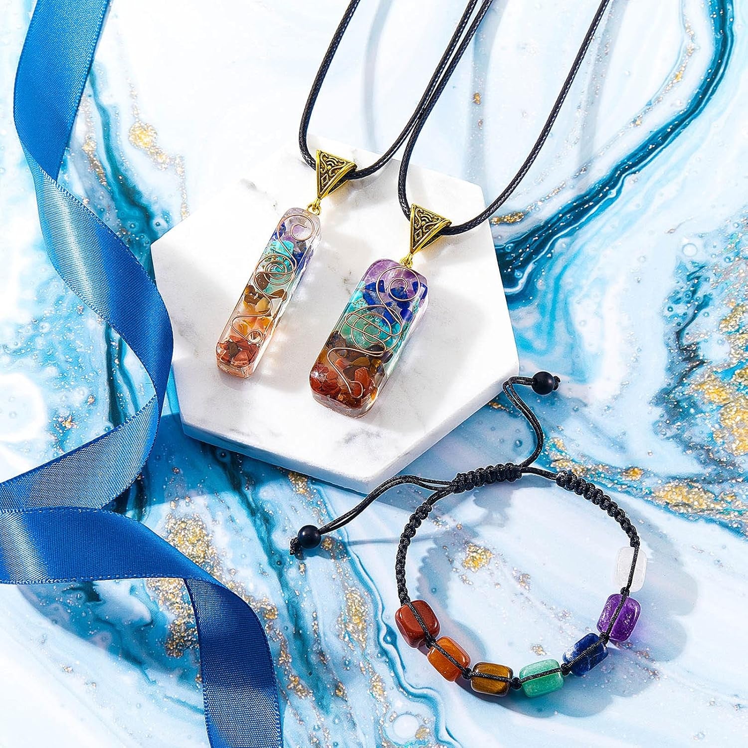 4 Pieces 7 Chakra Reiki Healing Necklace Bracelet Set, Including Reiki Healing Crystals Stretch Energy Bracelets and Healing Crystal Pendant Necklace Halloween