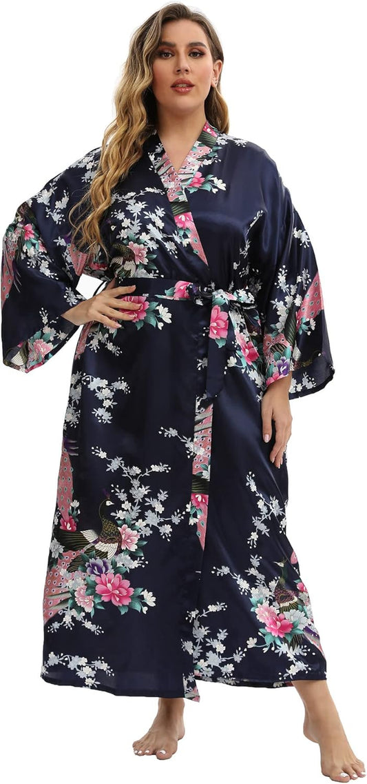Women'S Floral Long Satin Robes plus Size Long Silk Robes Peacock Floral Kimonos Sleepwear Dressing Gown