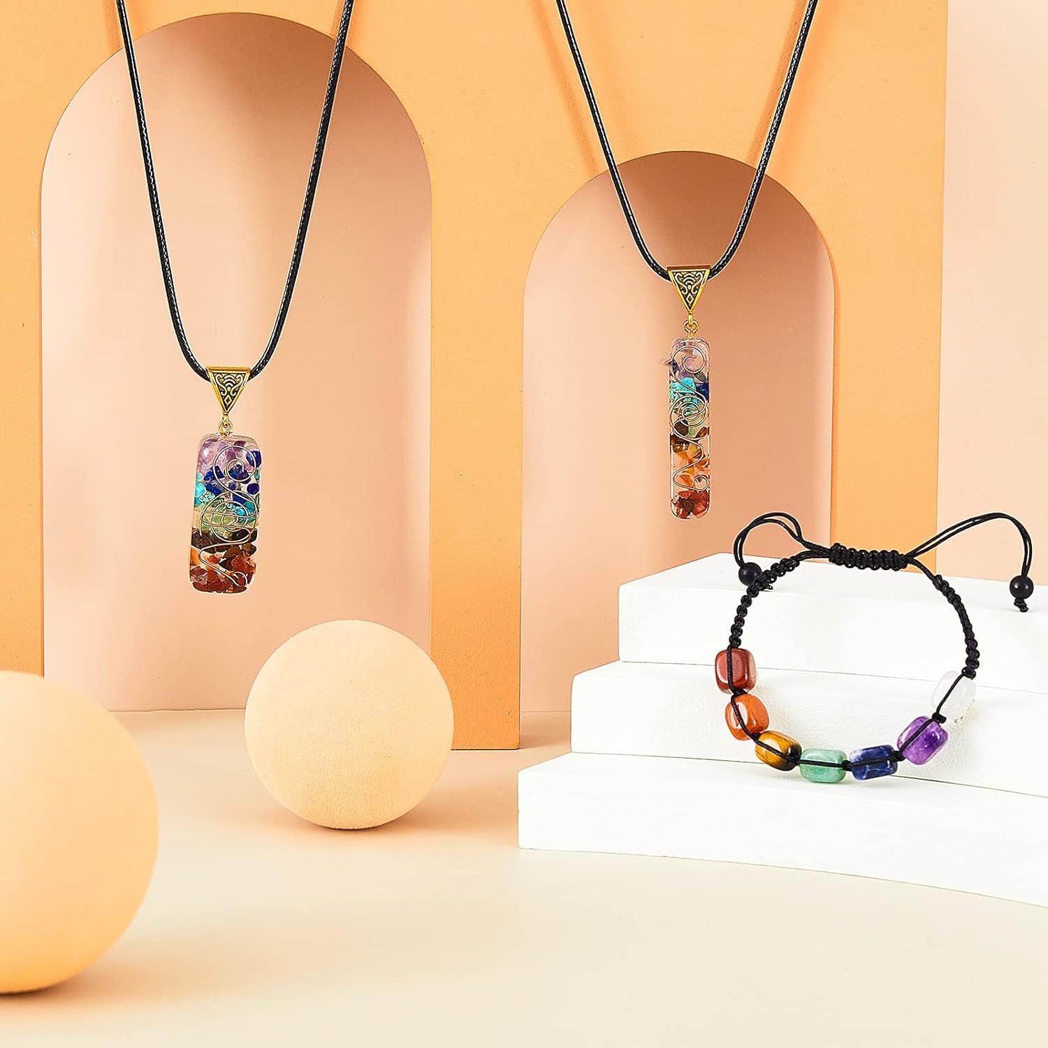 4 Pieces 7 Chakra Reiki Healing Necklace Bracelet Set, Including Reiki Healing Crystals Stretch Energy Bracelets and Healing Crystal Pendant Necklace Halloween