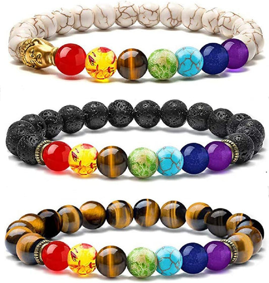 Chakra Bracelets for Womens,Lava Rock Stone Beaded Beads Bracelets for Mens,Adjustable Stretch 7 Chakra Bracelet (Black, 18)