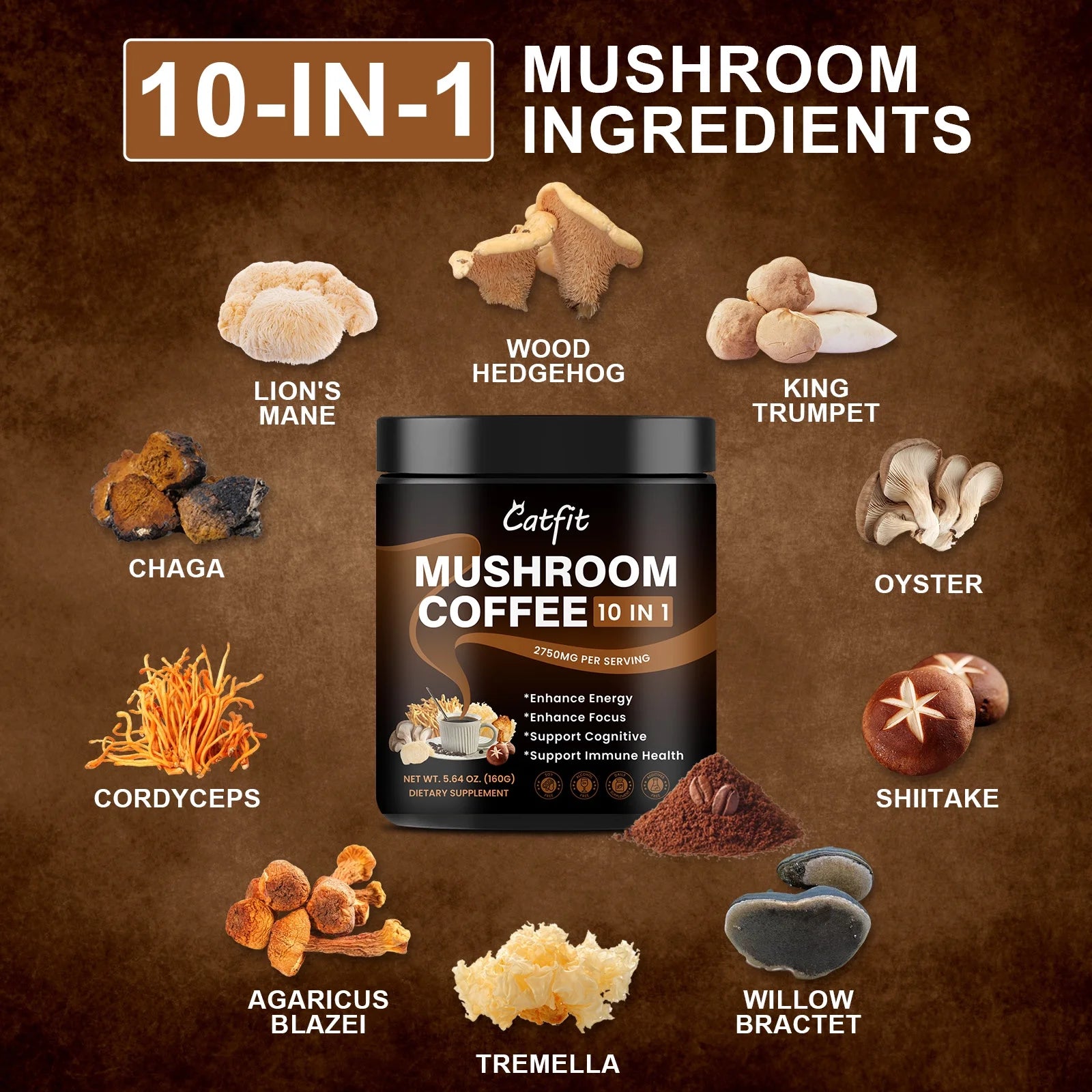 Mushroom Coffee Powder 2750 Mg, 10-In-1 Mushroom Supplement with Lions Mane & Chaga 5.64 Oz, by