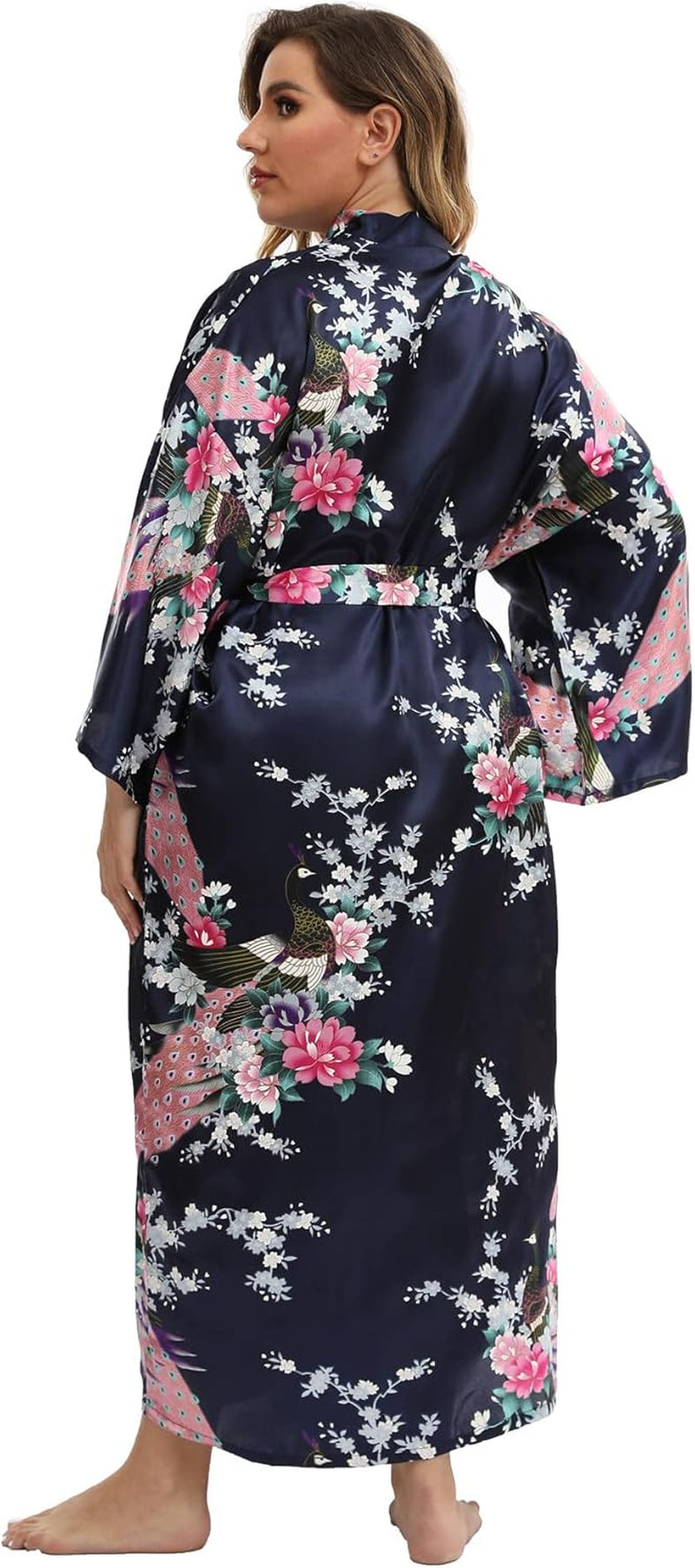 Women'S Floral Long Satin Robes plus Size Long Silk Robes Peacock Floral Kimonos Sleepwear Dressing Gown