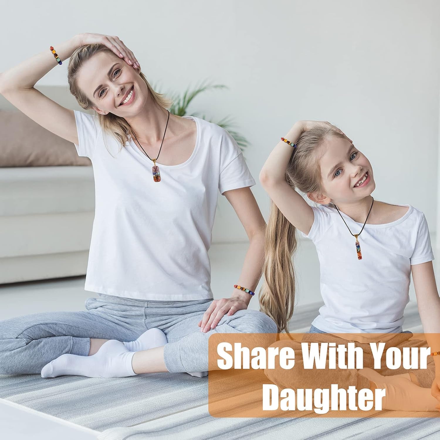 4 Pieces 7 Chakra Reiki Healing Necklace Bracelet Set, Including Reiki Healing Crystals Stretch Energy Bracelets and Healing Crystal Pendant Necklace Halloween