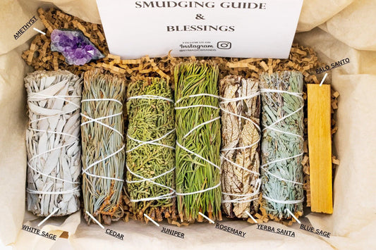 White Sage Smudge Kit, Amethyst Cluster, Palo Santo, Smudging Feather, Blue Sage, Cedar, Juniper, Rosemary, Yerba Santa, Home Detox Cleanse