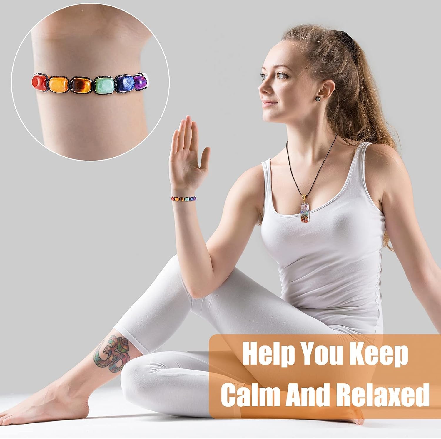 4 Pieces 7 Chakra Reiki Healing Necklace Bracelet Set, Including Reiki Healing Crystals Stretch Energy Bracelets and Healing Crystal Pendant Necklace Halloween