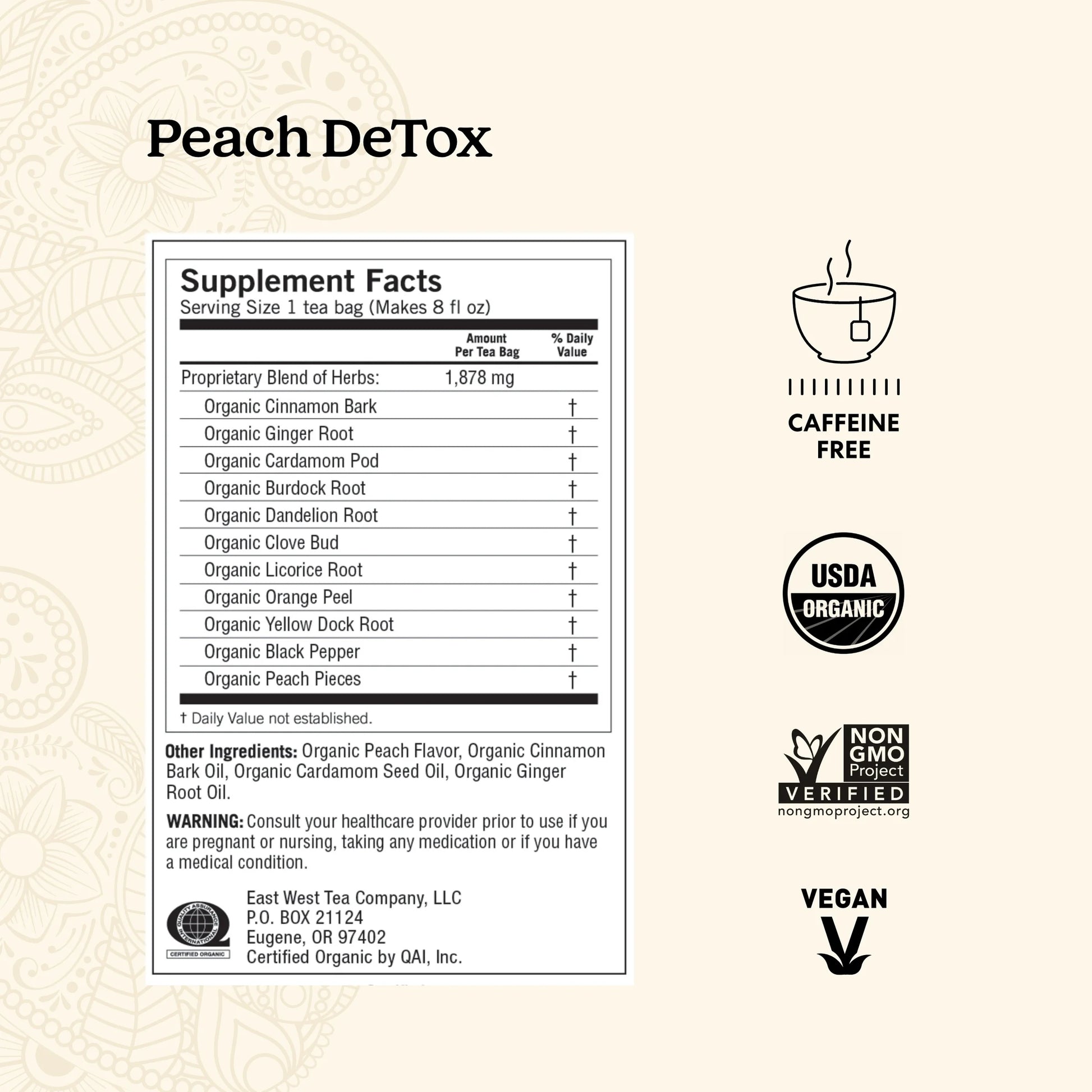 Tea Peach Detox, Caffeine-Free Organic Herbal Tea Bags, 16 Count