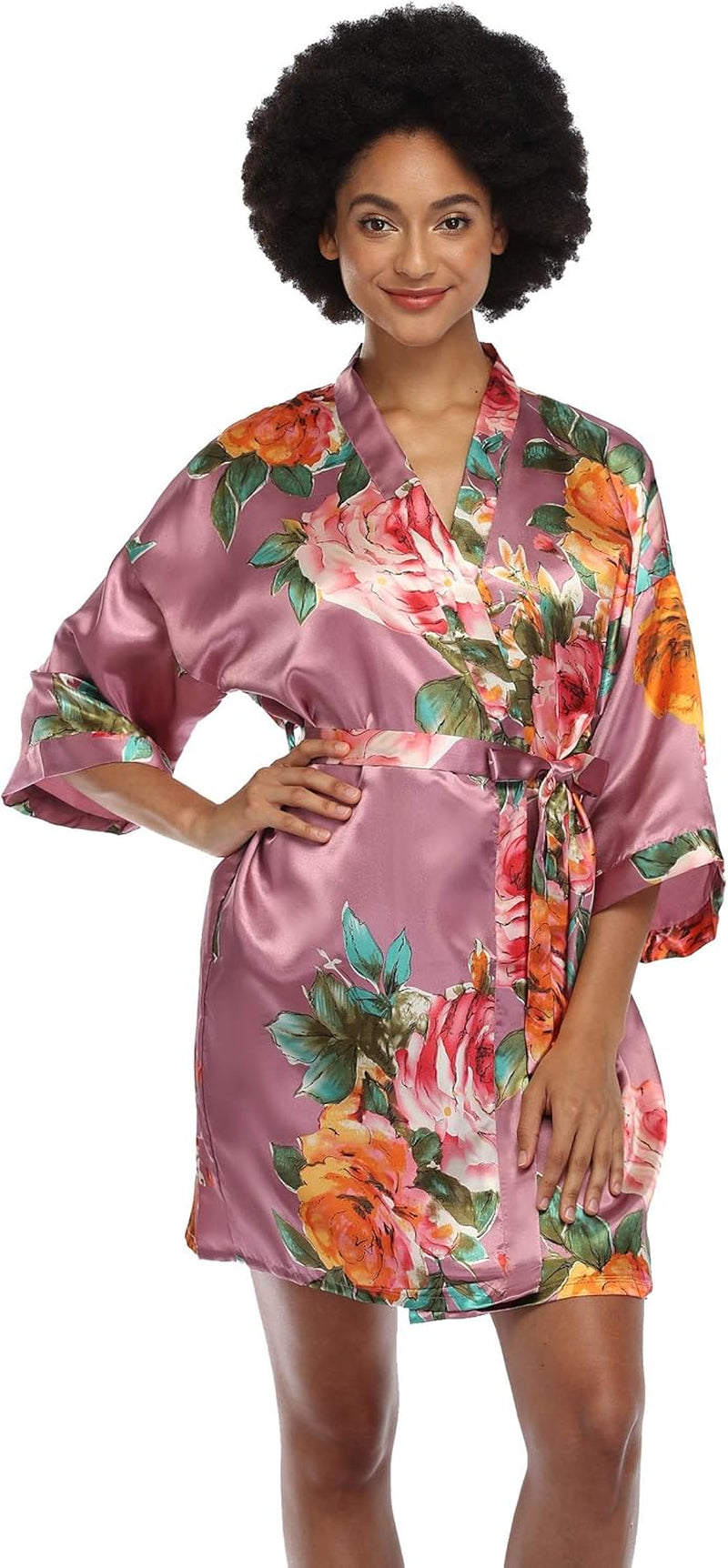 Women'S Floral Satin Kimono Robes Short Silky Bridesmaid Robes Sleepwear