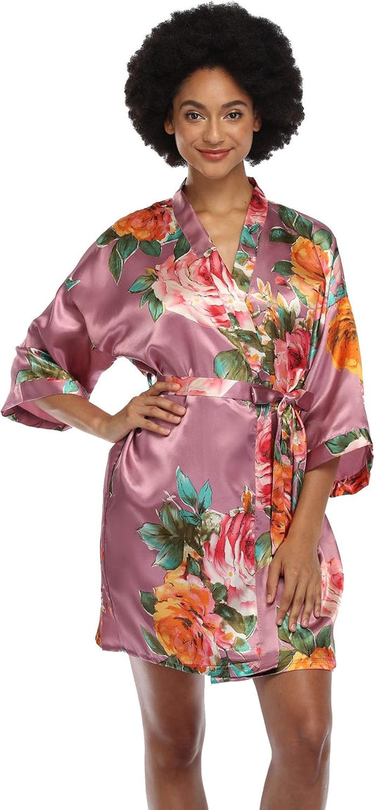 Women'S Floral Satin Kimono Robes Short Silky Bridesmaid Robes Sleepwear