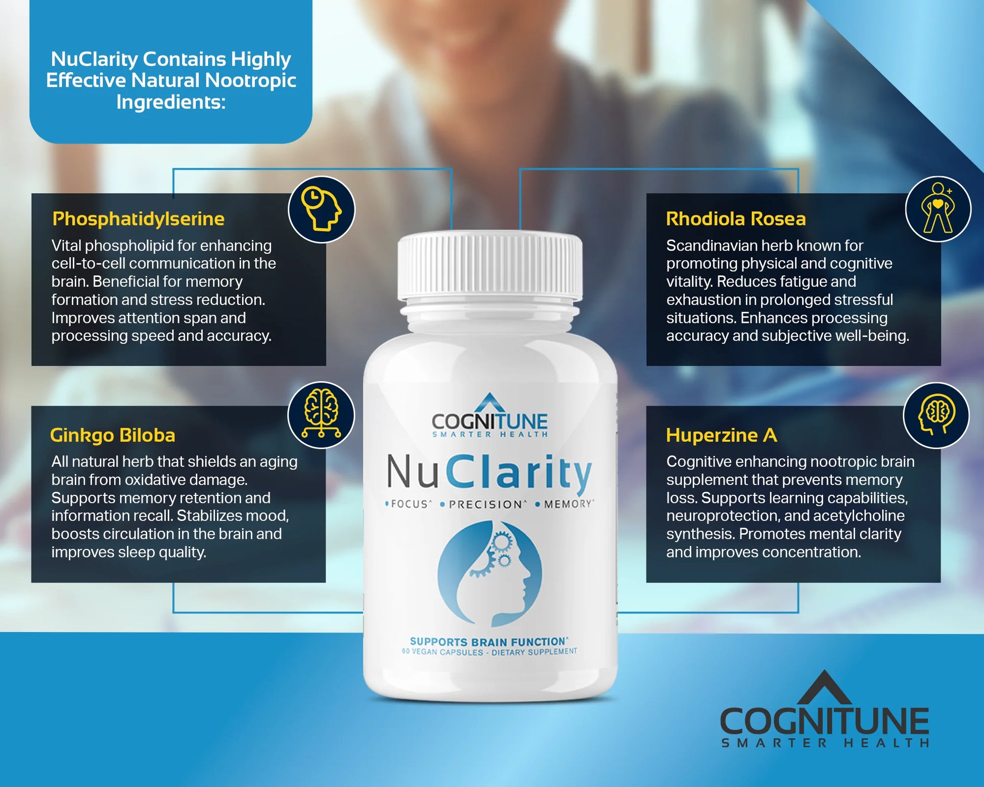 Nuclarity Nootropic Brain Supplements for Memory and Focus, Mental Clarity with Ginkgo Biloba, Phosphatidylserine, Alpha Gpc, Bacopa, Rhodiola, Huperzine A, Dietary Supplements - 60 Capsules