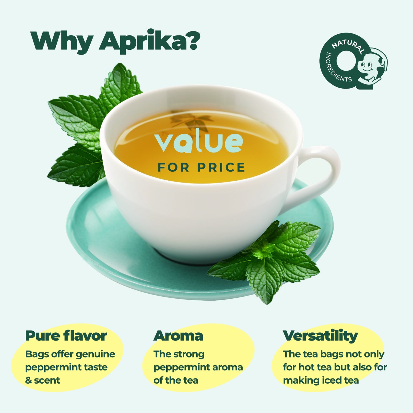 Pure Peppermint Tea - No Stems, 100% Natural Herbal Tea, 60 Bags, USA Seller