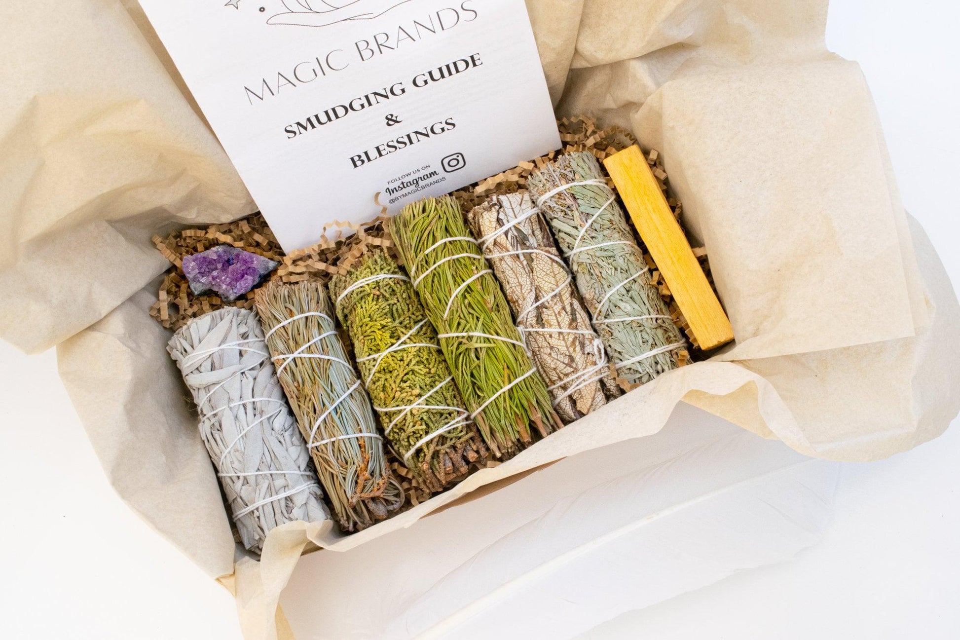 White Sage Smudge Kit, Amethyst Cluster, Palo Santo, Smudging Feather, Blue Sage, Cedar, Juniper, Rosemary, Yerba Santa, Home Detox Cleanse