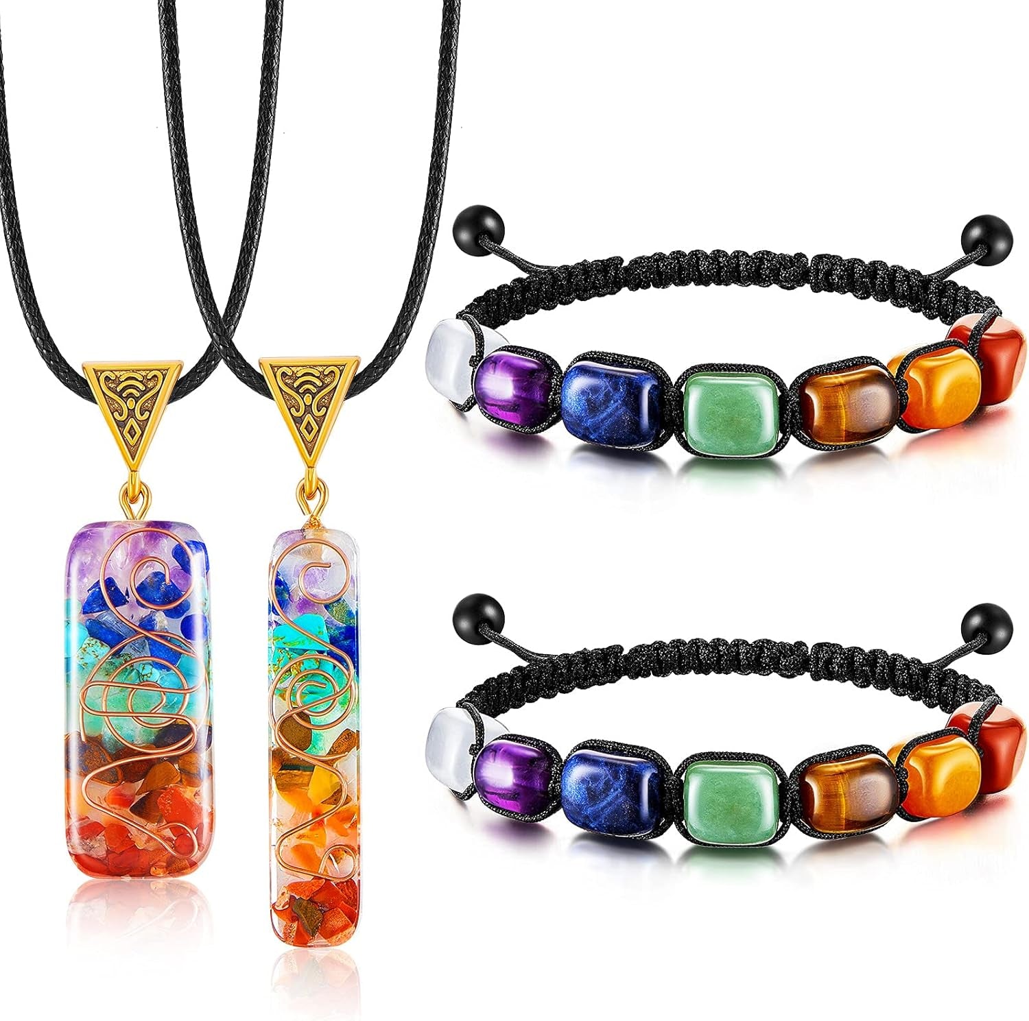 4 Pieces 7 Chakra Reiki Healing Necklace Bracelet Set, Including Reiki Healing Crystals Stretch Energy Bracelets and Healing Crystal Pendant Necklace Halloween