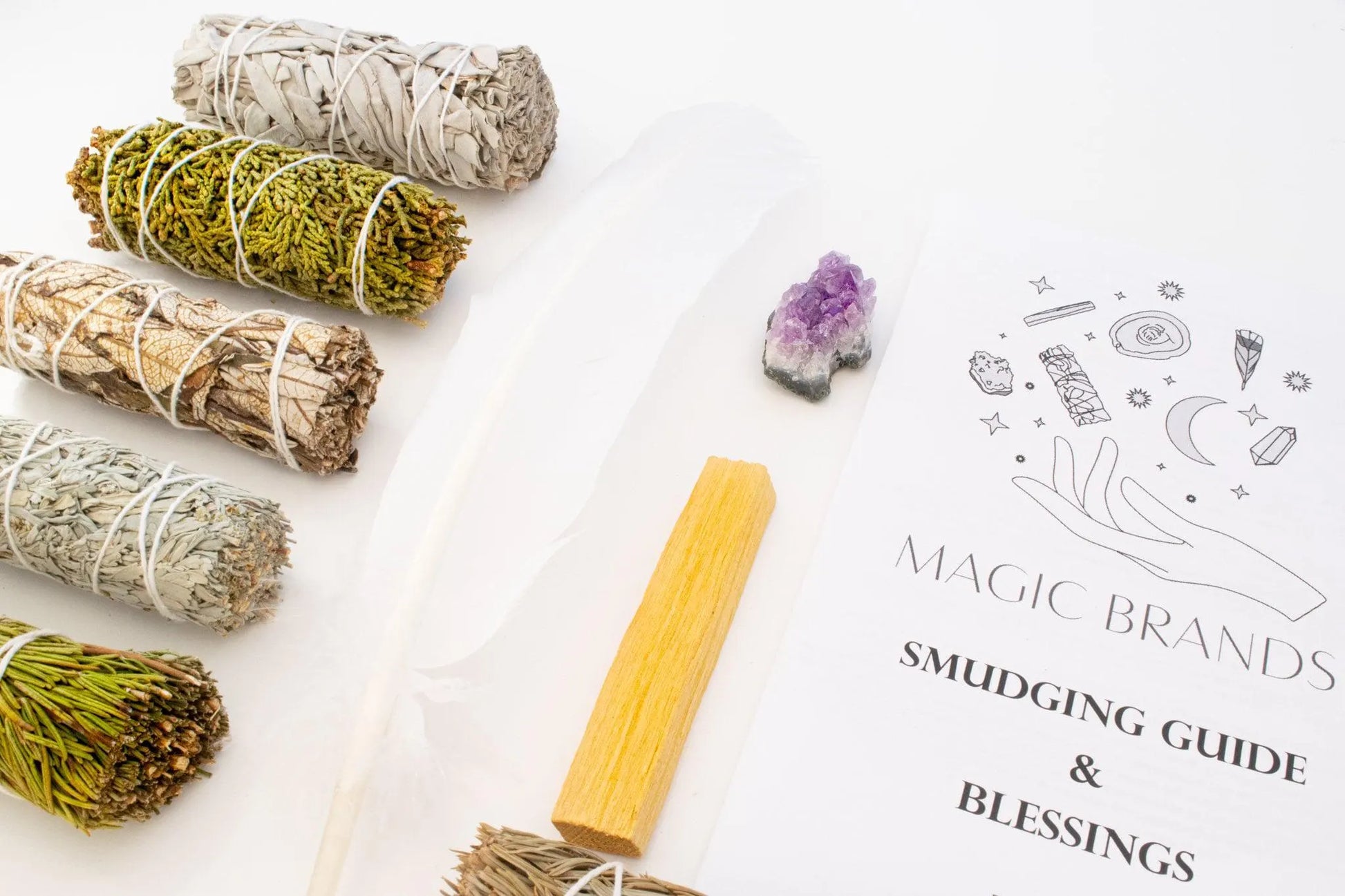 White Sage Smudge Kit, Amethyst Cluster, Palo Santo, Smudging Feather, Blue Sage, Cedar, Juniper, Rosemary, Yerba Santa, Home Detox Cleanse