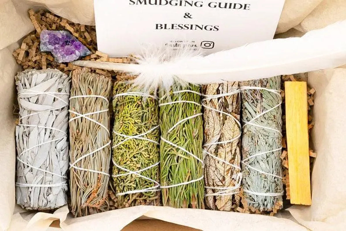 White Sage Smudge Kit, Amethyst Cluster, Palo Santo, Smudging Feather, Blue Sage, Cedar, Juniper, Rosemary, Yerba Santa, Home Detox Cleanse