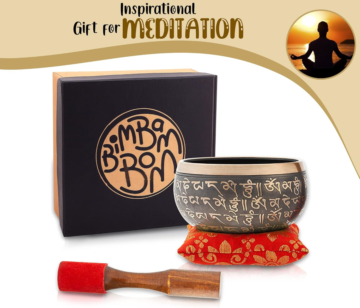 Bimbambom Singing Bowls – Hand Crafted Tibetan Singing Bowl W/Mallet & Cushion, Brass 4” Mantra Antique Prayer and Meditation Bowl for Yoga and Holistic Healing, Stress Relief, Meditation