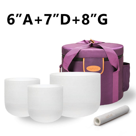 Chakra Tuned Set of 3 Crystal Singing Bowls (6"A, 7"D, 8"G) – with Heavy Duty Carrying Case and Mallets