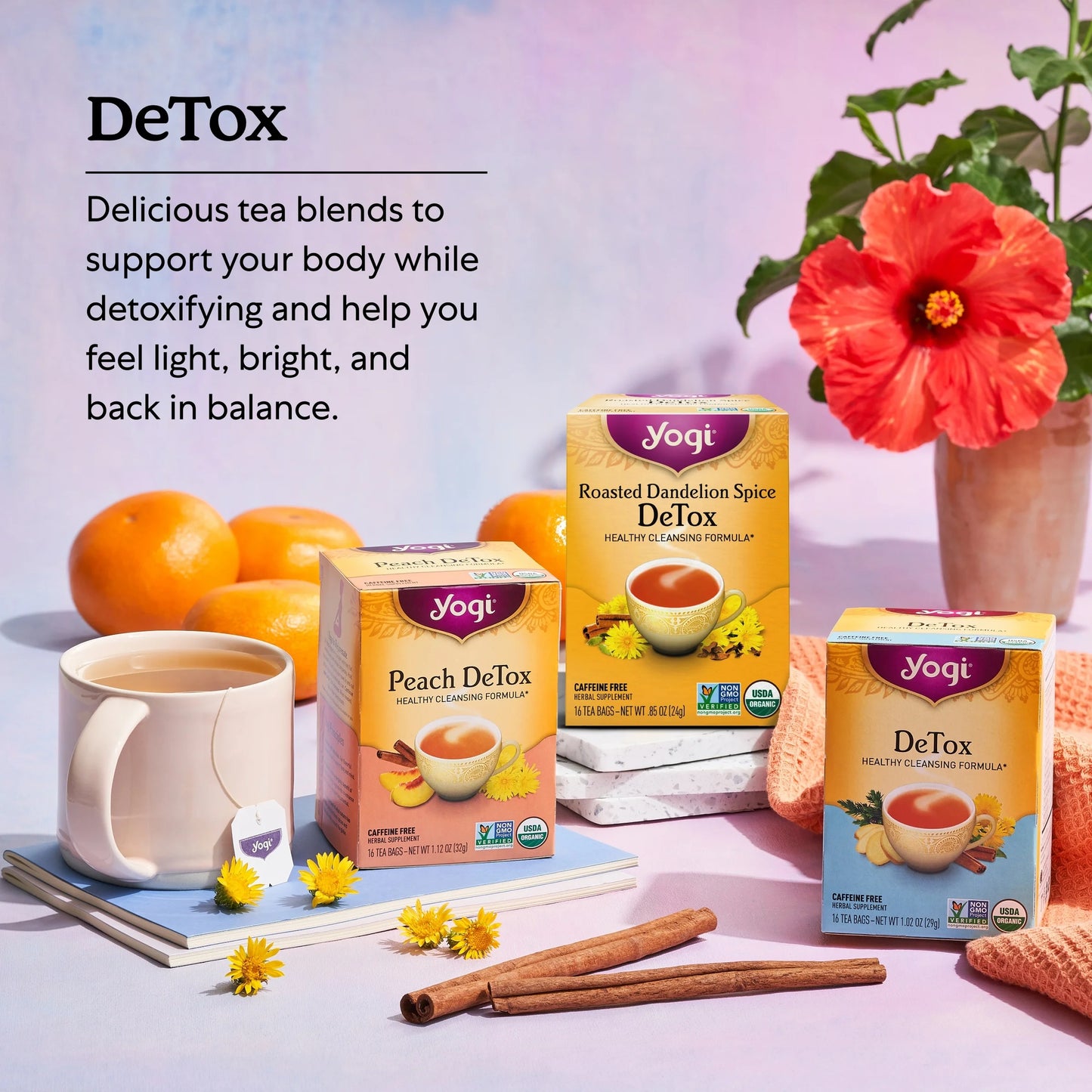 Tea Peach Detox, Caffeine-Free Organic Herbal Tea Bags, 16 Count