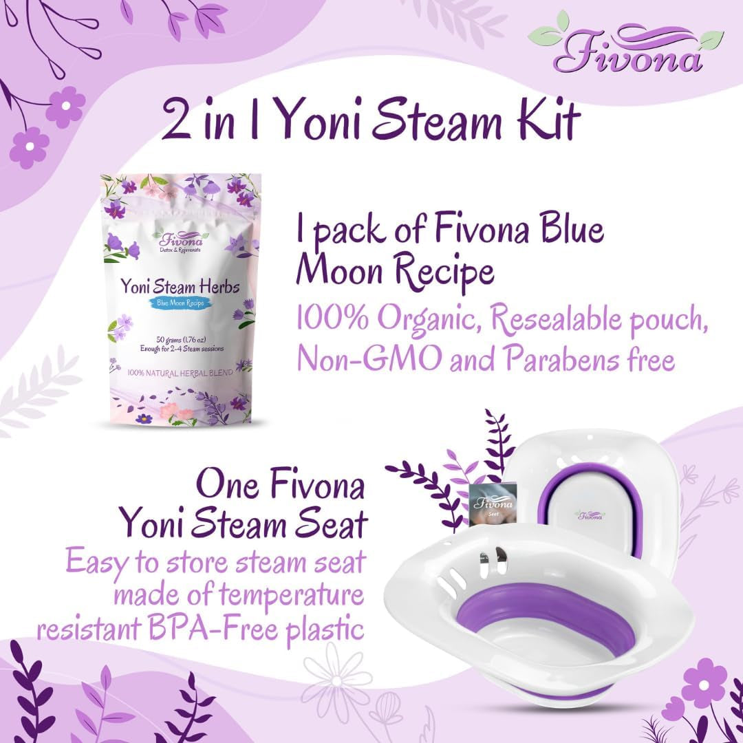 2-In-1 Yoni Steaming Kit over the Toilet Seat with V Steam Herbs Blue Moon Recipe for Detox, Cleansing, PH Balance and Odor Control