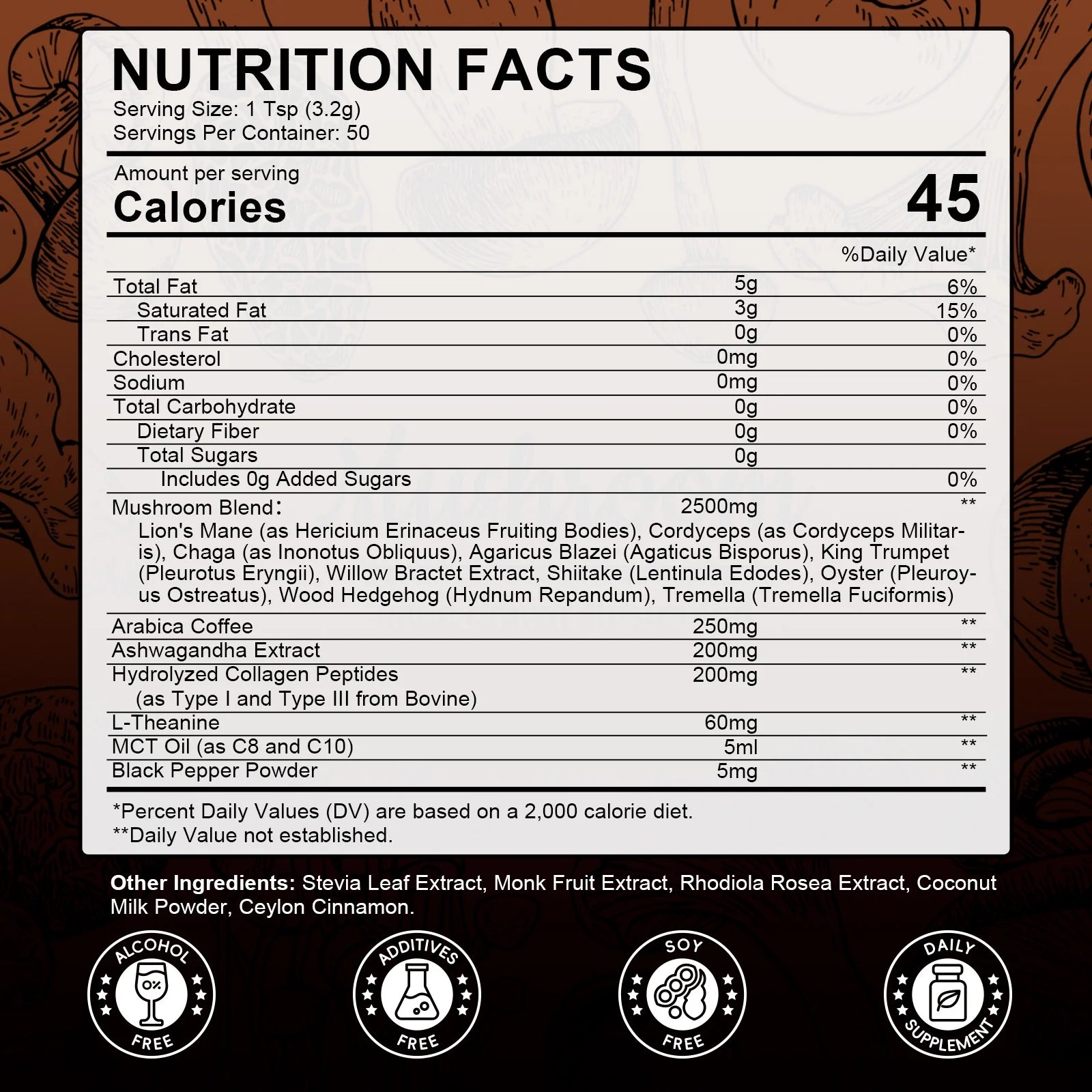 Mushroom Coffee Powder 2750 Mg, 10-In-1 Mushroom Supplement with Lions Mane & Chaga 5.64 Oz, by