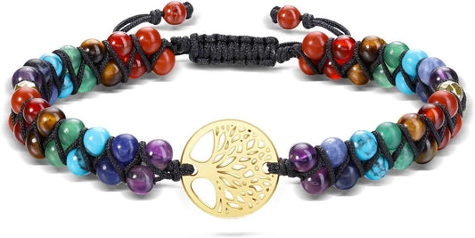 Chakra Bead Bracelets for Women Men - 6Mm Natural 7 Chakra Healing Crystal Tree Life Stretch Bracelet with Real Stones Anxiety Meditation Yoga Gemstone Jewelry