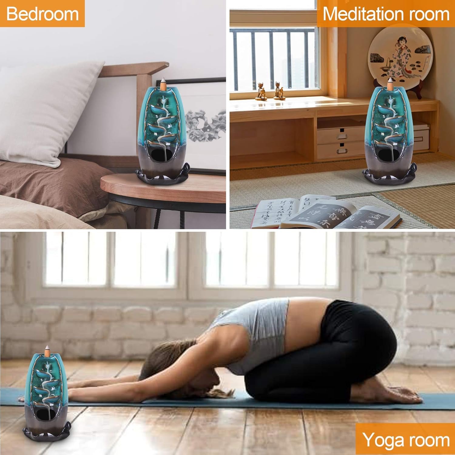 Incense Burner Waterfall Backflow Incense Holder Incense Fountain with 120 Incense Cones & 30 Incense Sticks for Home Office Yoga Aromatcherapy Ornamen