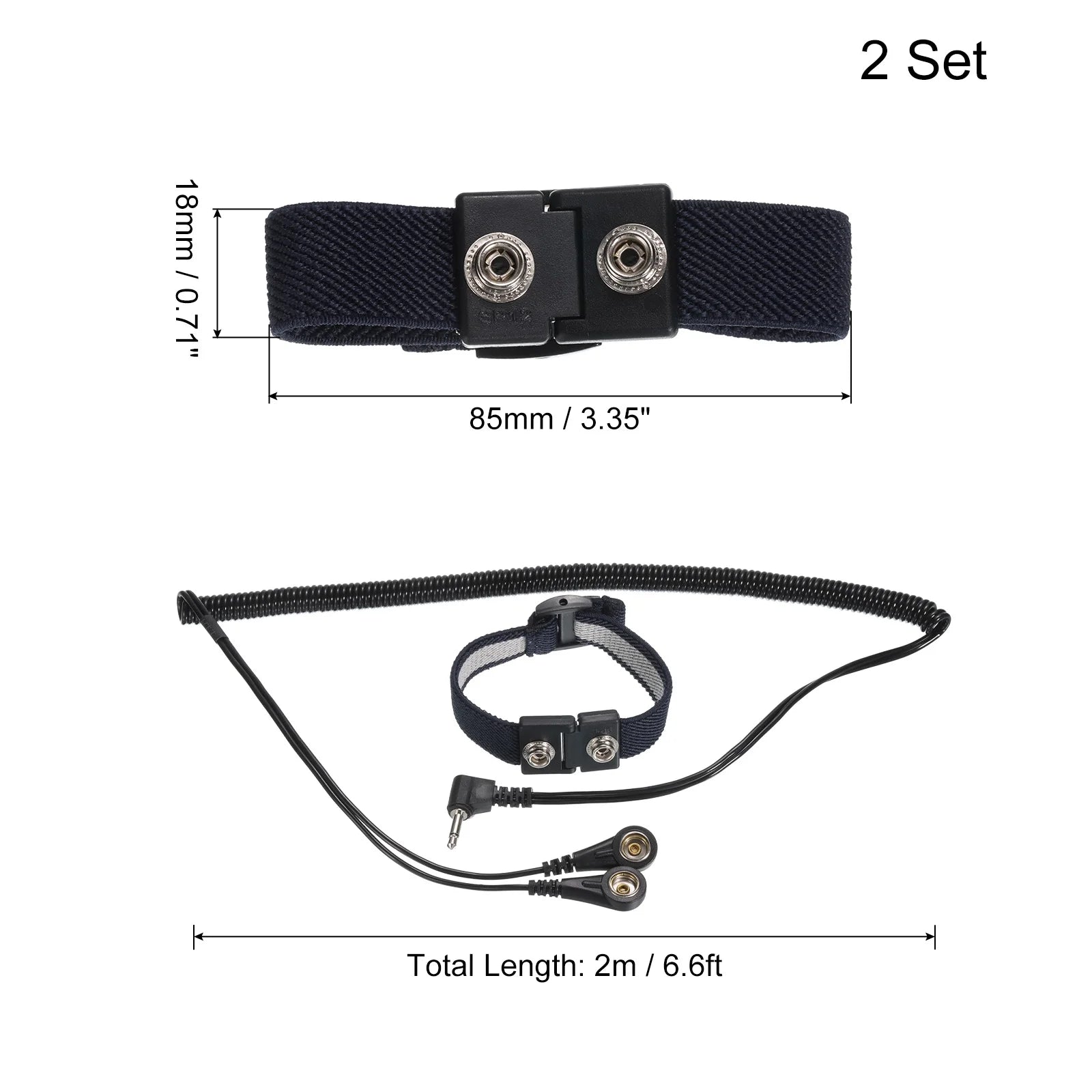 2Pcs ESD Corded anti Static Wrist Strap 6.6Ft 2 Plug PU Adjustable Antistatic Bracelet Set Wired Repair Black