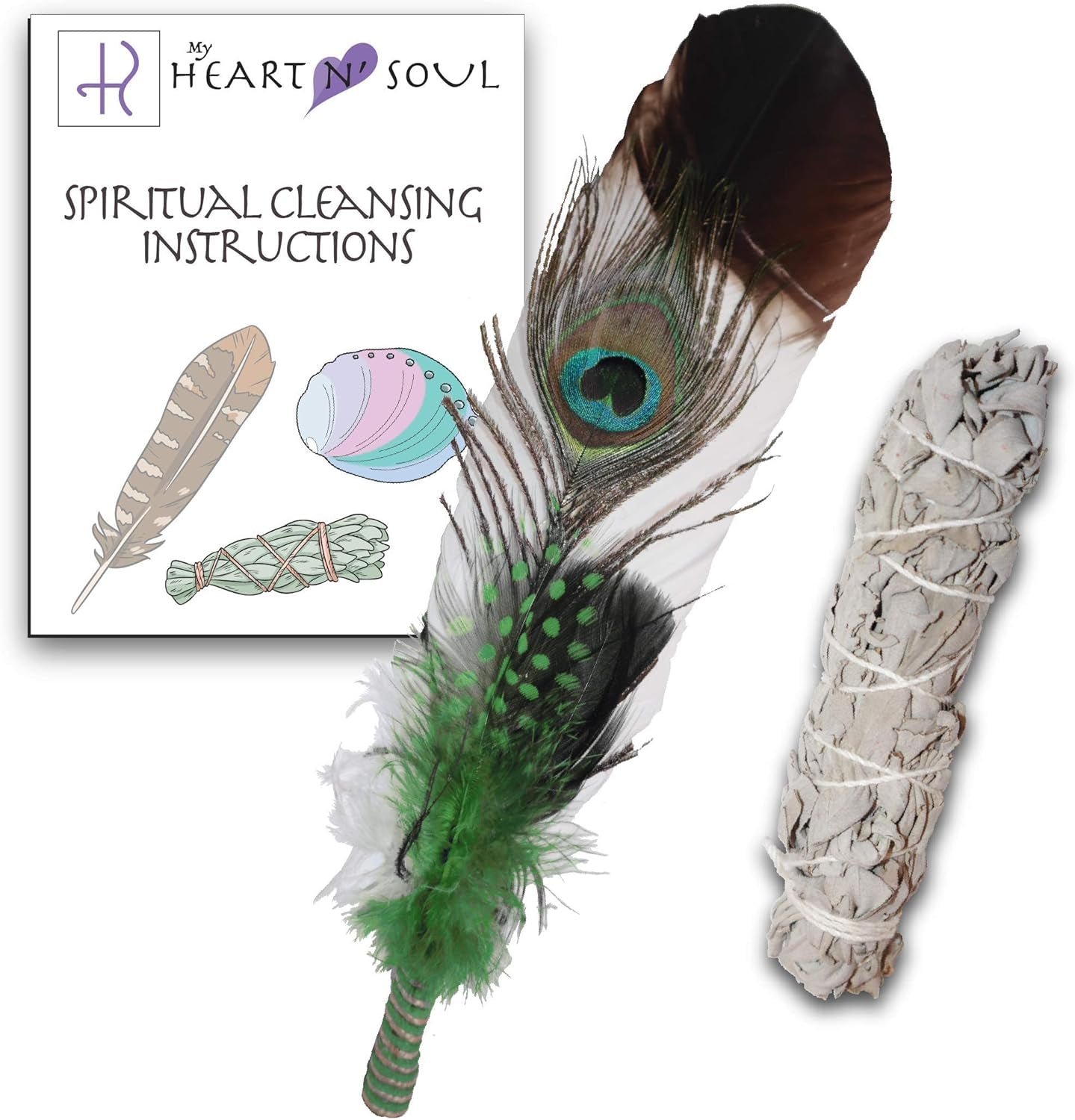 New Smudge Kit with Sage, Turkey and Peacock Feather, Unique Homecrafted Energy Cleansing Clearing Spiritual Practice House Smudging - Detailed Instructions for Beginners (Green)