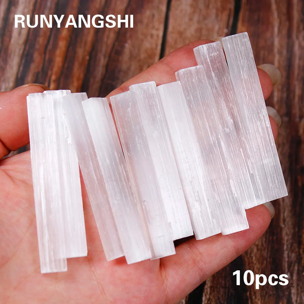 Runyangshi 10Pcs Natural Selenite Crystal Stick Chips Gypsum White Quartz Rough Minerals Specimen Point Healing Stone