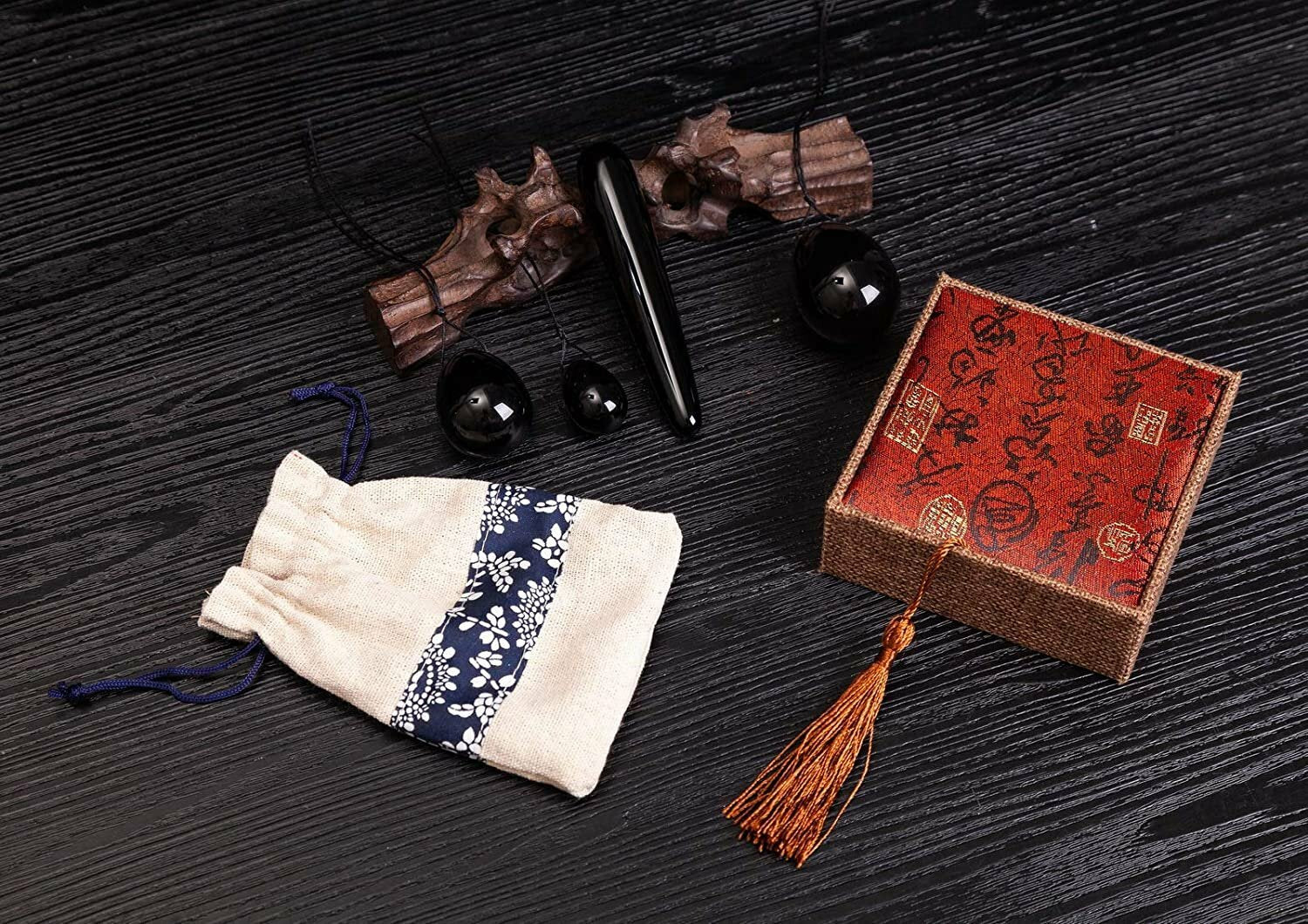 TJ Global Set of 3 Drilled Yoni Eggs and 1 Massage Stick Black Onyx Stone For...