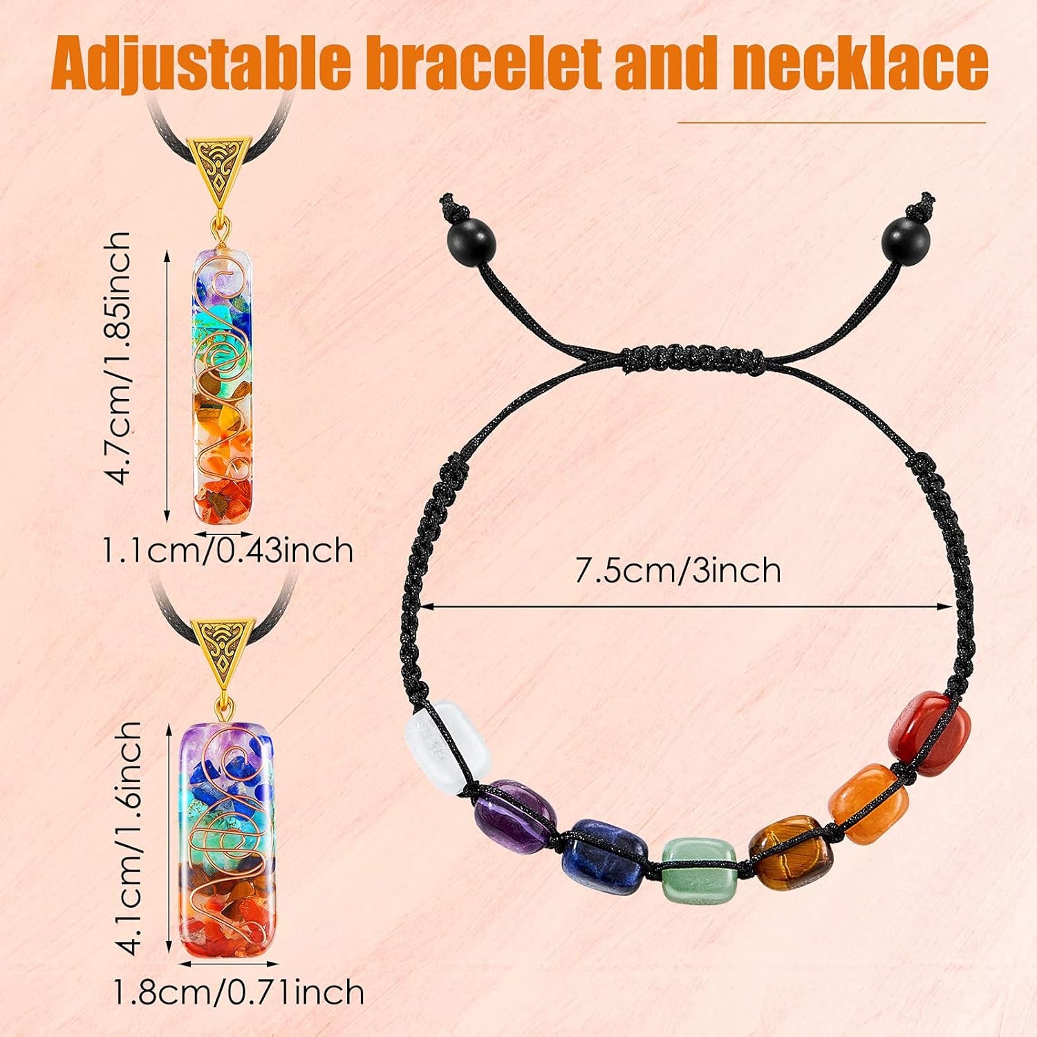 4 Pieces 7 Chakra Reiki Healing Necklace Bracelet Set, Including Reiki Healing Crystals Stretch Energy Bracelets and Healing Crystal Pendant Necklace Halloween