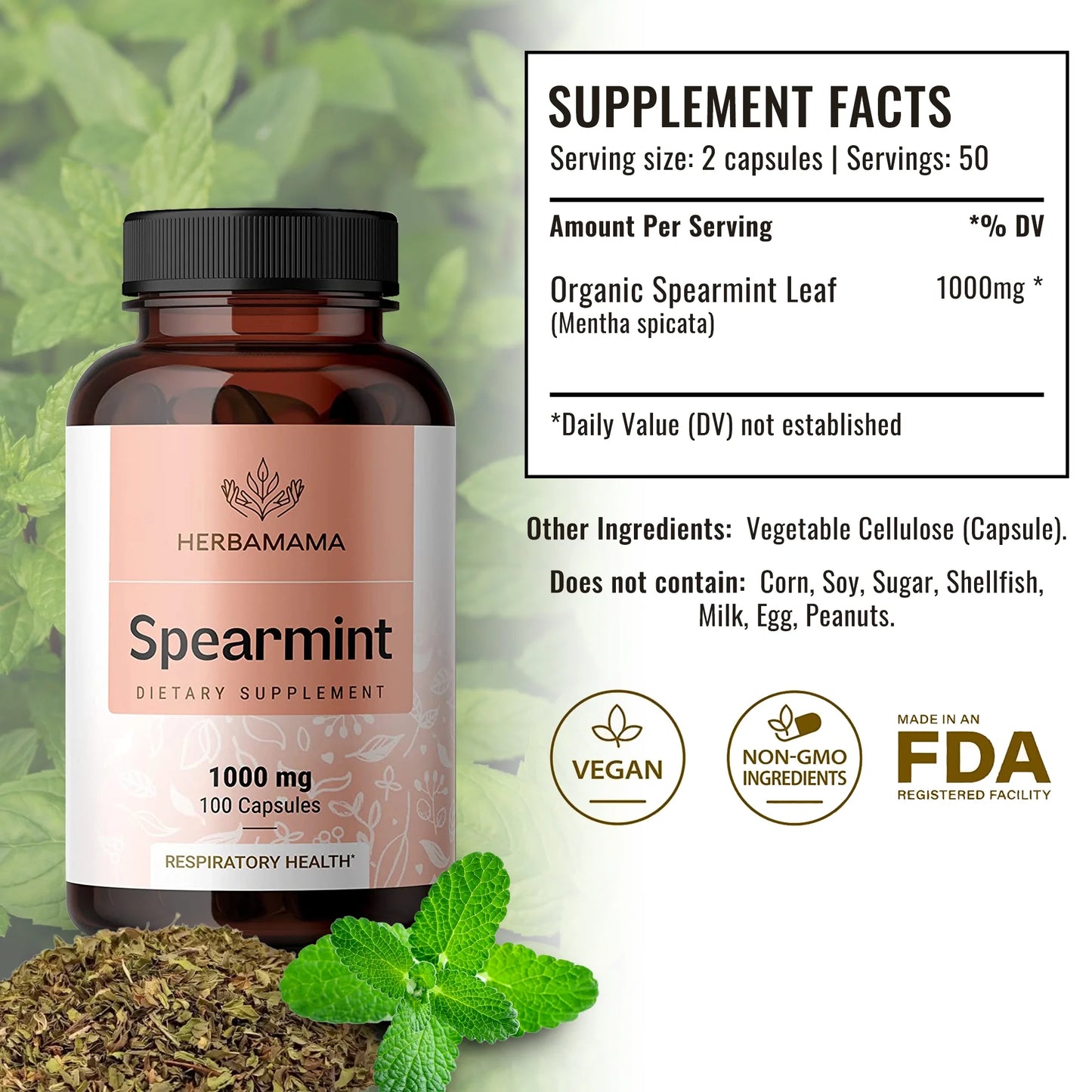 Spearmint Leaf - Organic Support for Respiratory & Digestive Health, 100 Caps