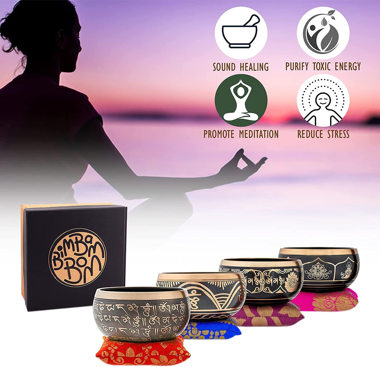 Bimbambom Singing Bowls – Hand Crafted Tibetan Singing Bowl W/Mallet & Cushion, Brass 4” Mantra Antique Prayer and Meditation Bowl for Yoga and Holistic Healing, Stress Relief, Meditation