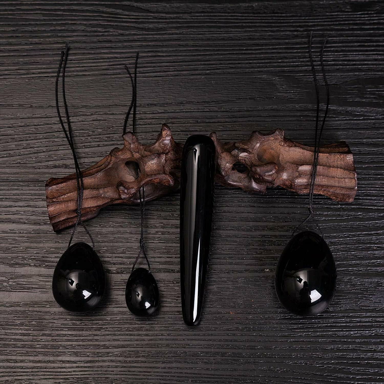 TJ Global Set of 3 Drilled Yoni Eggs and 1 Massage Stick Black Onyx Stone For...