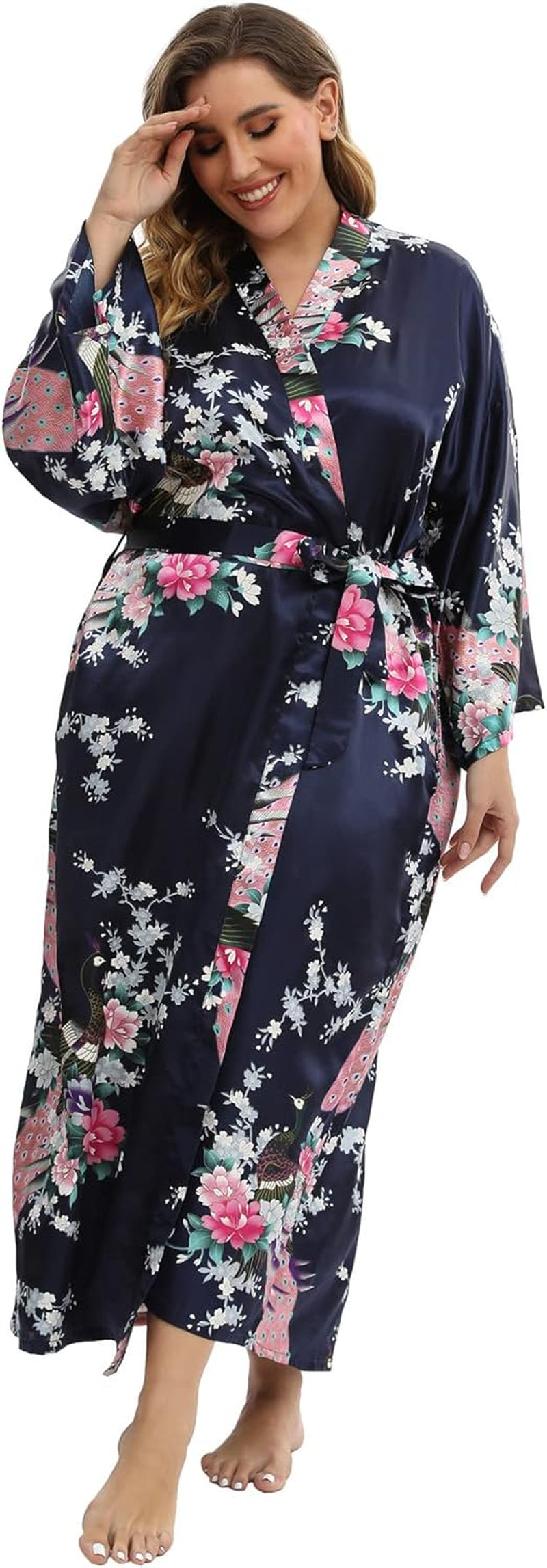 Women'S Floral Long Satin Robes plus Size Long Silk Robes Peacock Floral Kimonos Sleepwear Dressing Gown