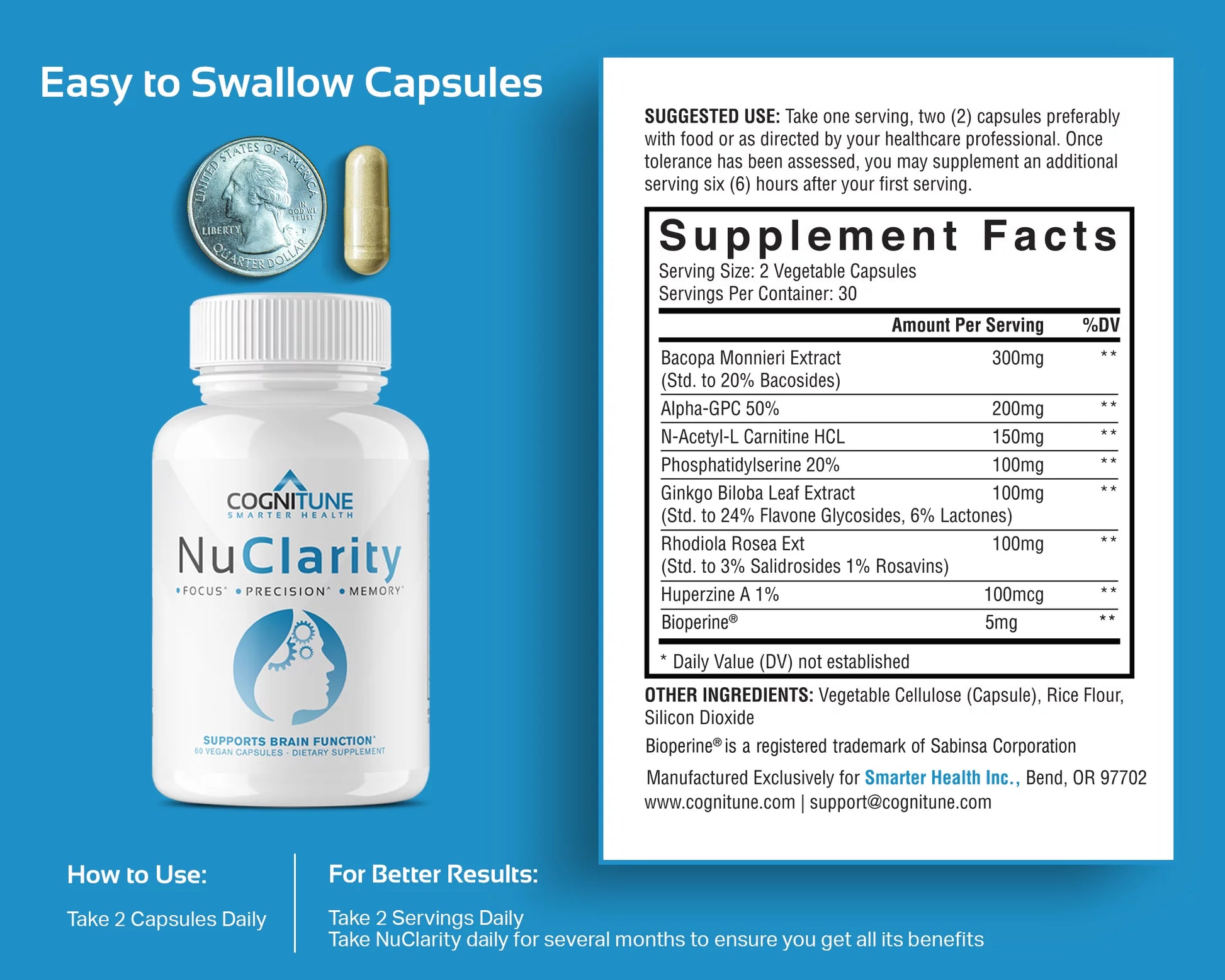 Nuclarity Nootropic Brain Supplements for Memory and Focus, Mental Clarity with Ginkgo Biloba, Phosphatidylserine, Alpha Gpc, Bacopa, Rhodiola, Huperzine A, Dietary Supplements - 60 Capsules