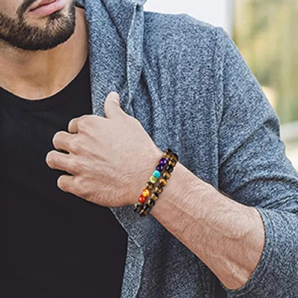 Chakra Bracelets for Womens,Lava Rock Stone Beaded Beads Bracelets for Mens,Adjustable Stretch 7 Chakra Bracelet (Black, 18)