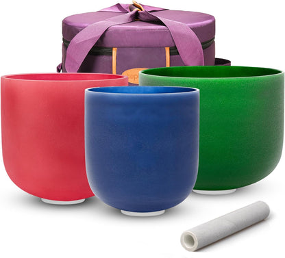 (8"F+7"C+6"A) Set of 3 Color Crystal Singing Bowls with Heavy Duty Carrying Case and Mallets