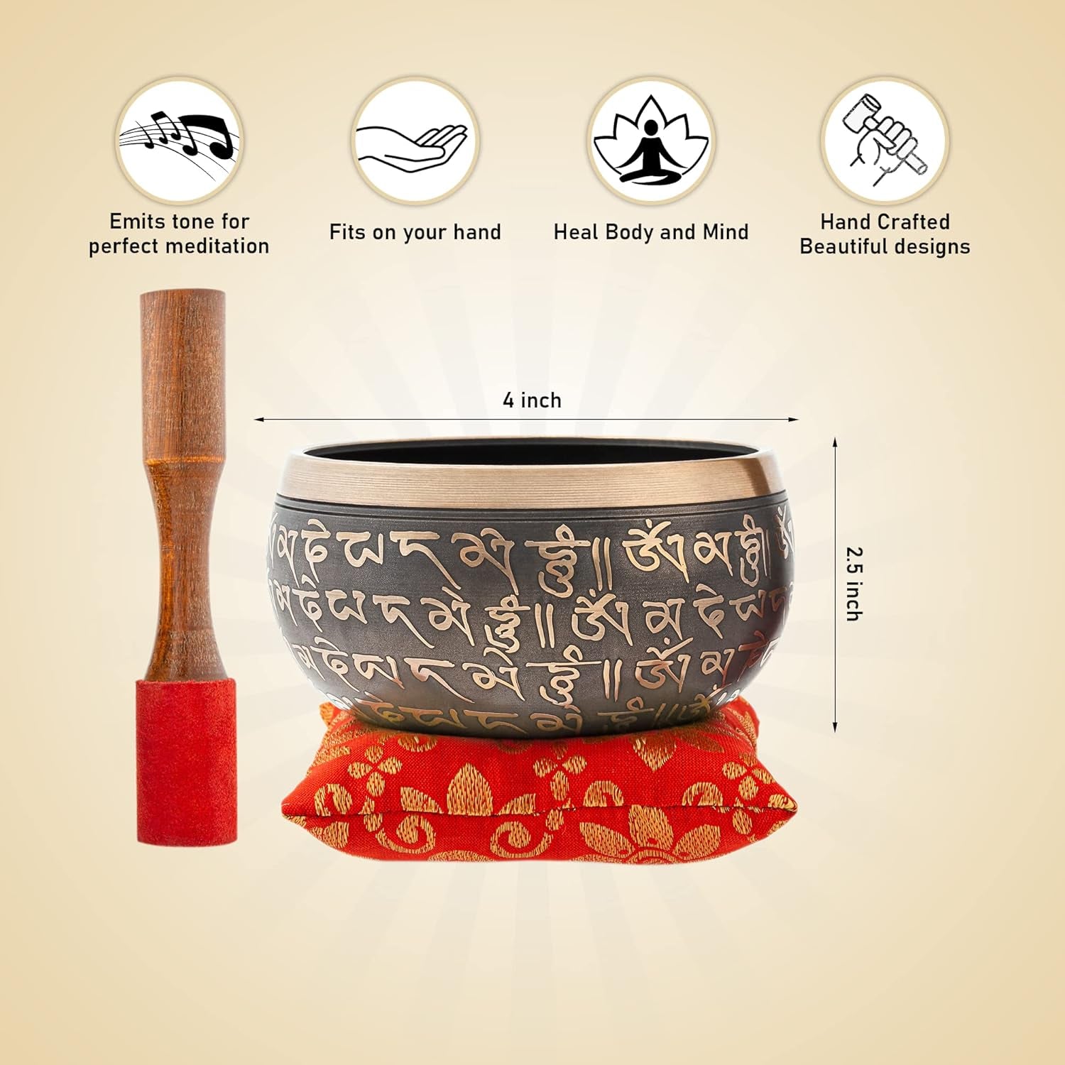 Bimbambom Singing Bowls – Hand Crafted Tibetan Singing Bowl W/Mallet & Cushion, Brass 4” Mantra Antique Prayer and Meditation Bowl for Yoga and Holistic Healing, Stress Relief, Meditation