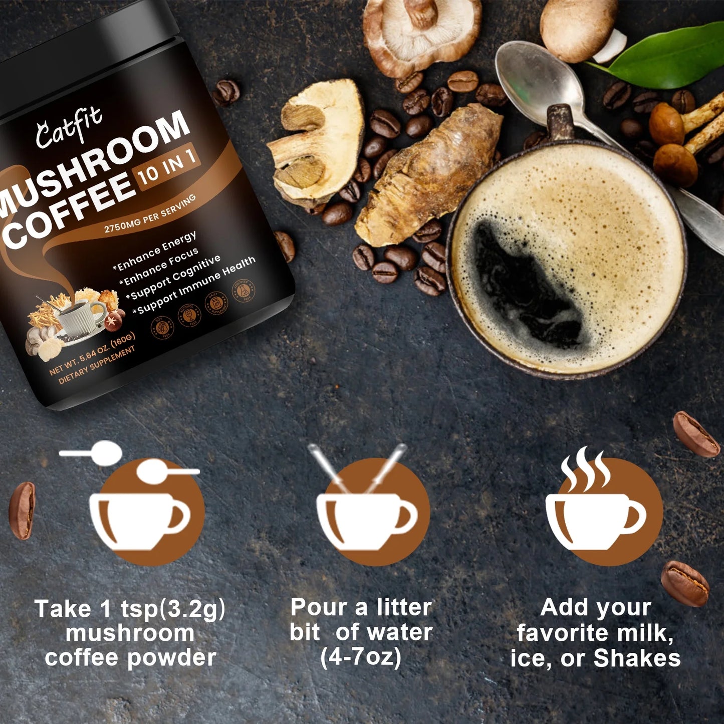 Mushroom Coffee Powder 2750 Mg, 10-In-1 Mushroom Supplement with Lions Mane & Chaga 5.64 Oz, by