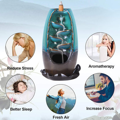 Incense Burner Waterfall Backflow Incense Holder Incense Fountain with 120 Incense Cones & 30 Incense Sticks for Home Office Yoga Aromatcherapy Ornamen