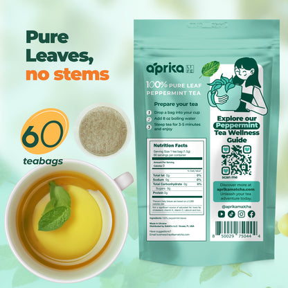 Pure Peppermint Tea - No Stems, 100% Natural Herbal Tea, 60 Bags, USA Seller